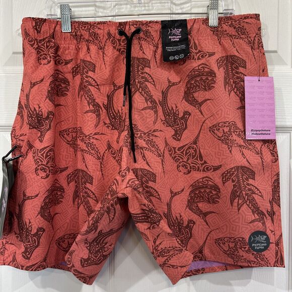 Psycho Tuna Men's XL Swim Trunks Shorts Tribal Fish Print Peach Echo - Picture 1 of 12